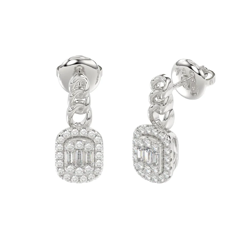 Women’s heart-shaped earrings-LADIES EARRINGS 0.33CT ROUND/BAGUETTE DIAMOND 14K WHITE GOLD