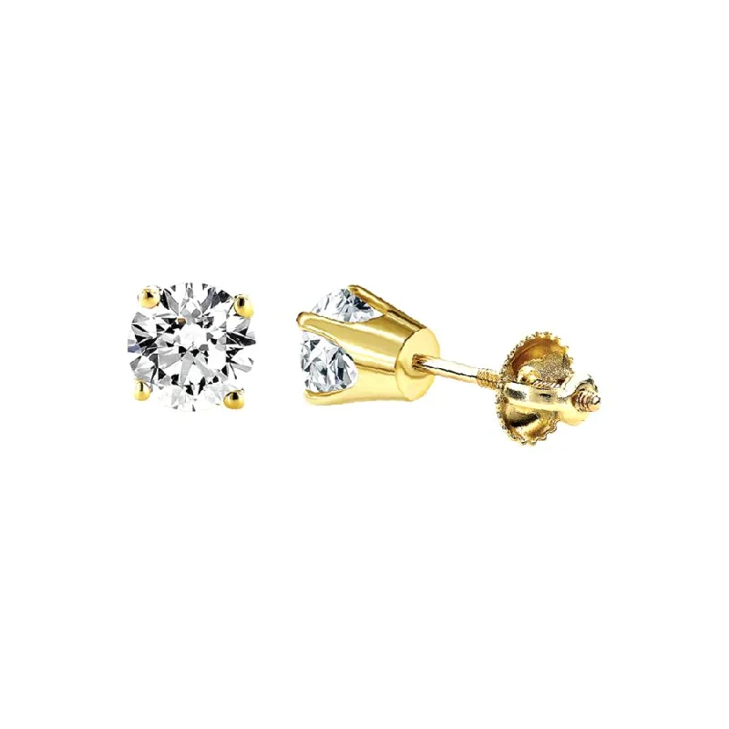 Women’s heart-shaped stud earrings-LADIES SOLITAIRE EARRINGS 1.00CT ROUND DIAMOND 14K YELLOW GOLD