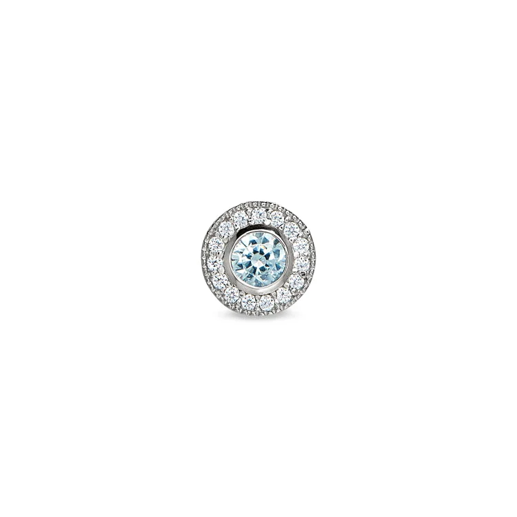 Women’s silver engagement rings-Platinum Finish Sterling Silver Micropave Round Simulated Aquamarine Charm with Simulated Diamonds