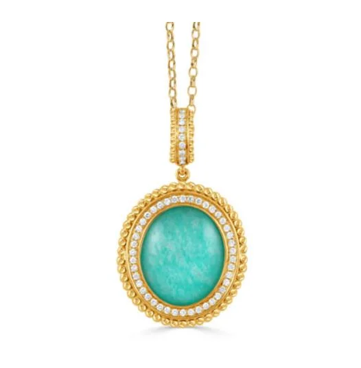 Women’s birthstone necklaces-Justinian 0.20Ct Diamond and 6.59Ct Quartz and Amazonite Doublet Halo Pendant only in 18k Yellow Gold