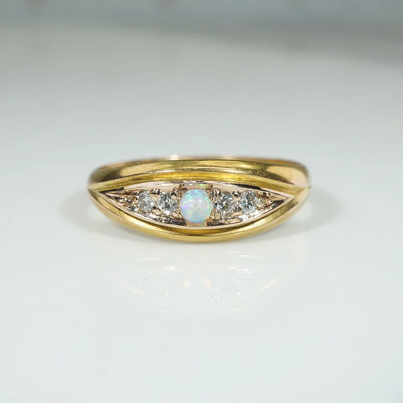 Women’s vintage diamond engagement rings-English 18ct Gold "Eye" Band with Opal & Diamond