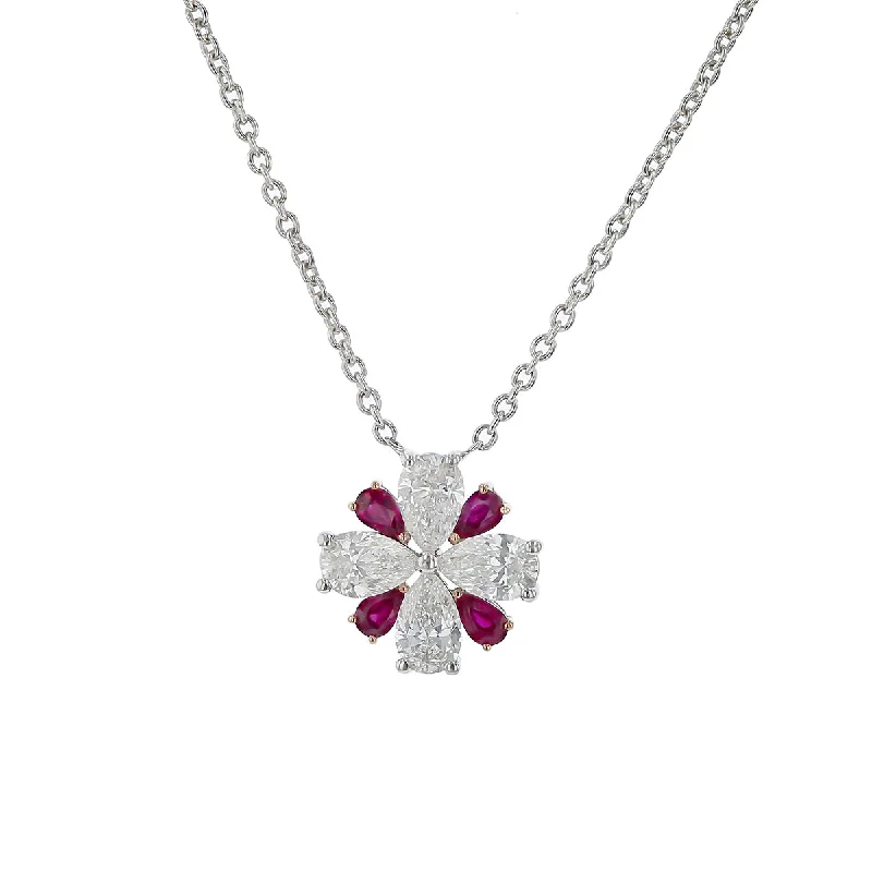 Women’s long chain necklaces-Scallop Jubilee Pear Shape Diamond and Ruby Pendant in 18K White Gold