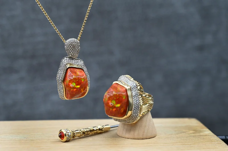 Women’s chunky necklaces-18k Couture 22.90ct Mexican Fire Opal and Diamond Pendant Ring