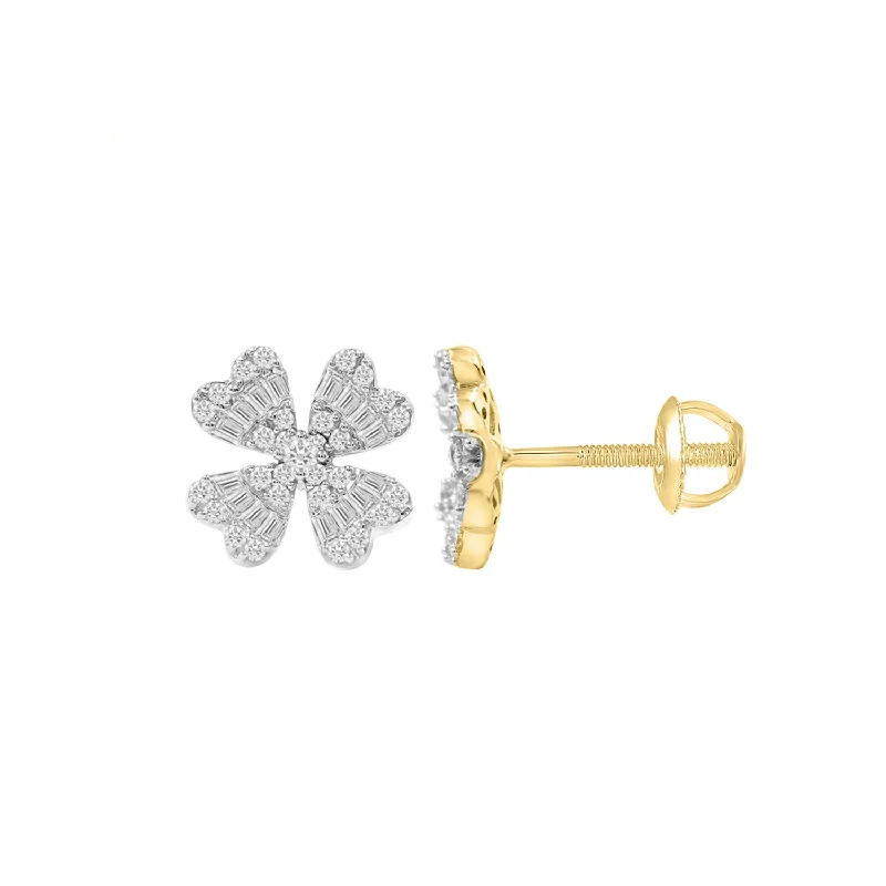 Women’s stud earrings-LADIES  EARRINGS 0.33CT ROUND/BAGUETTE DIAMOND 14K YELLOW GOLD