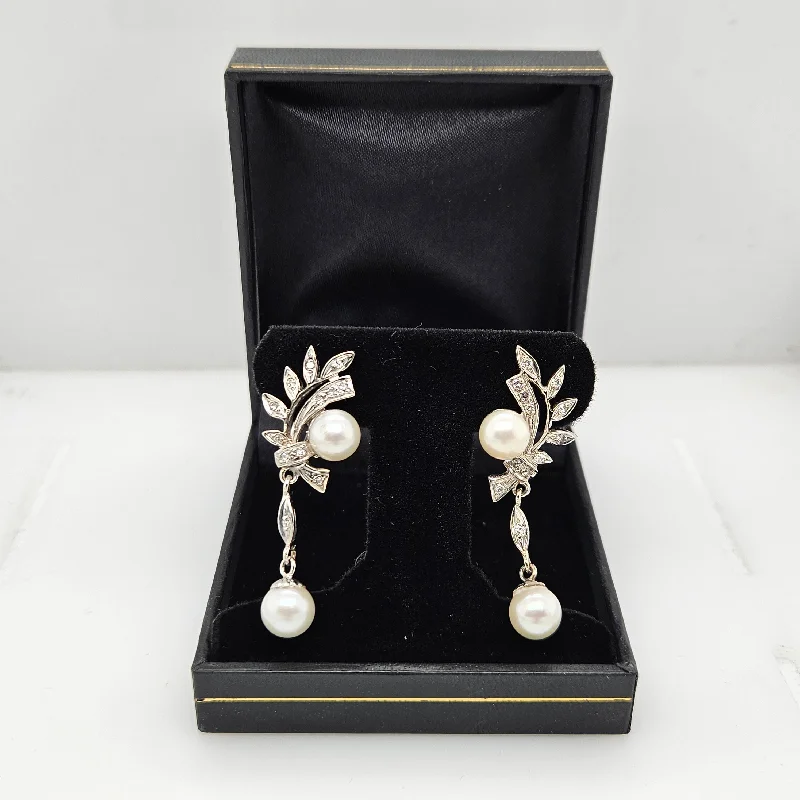 Women’s gold earrings-14K White Gold, Diamond & Pearl Antique Drop Earrings-Estate