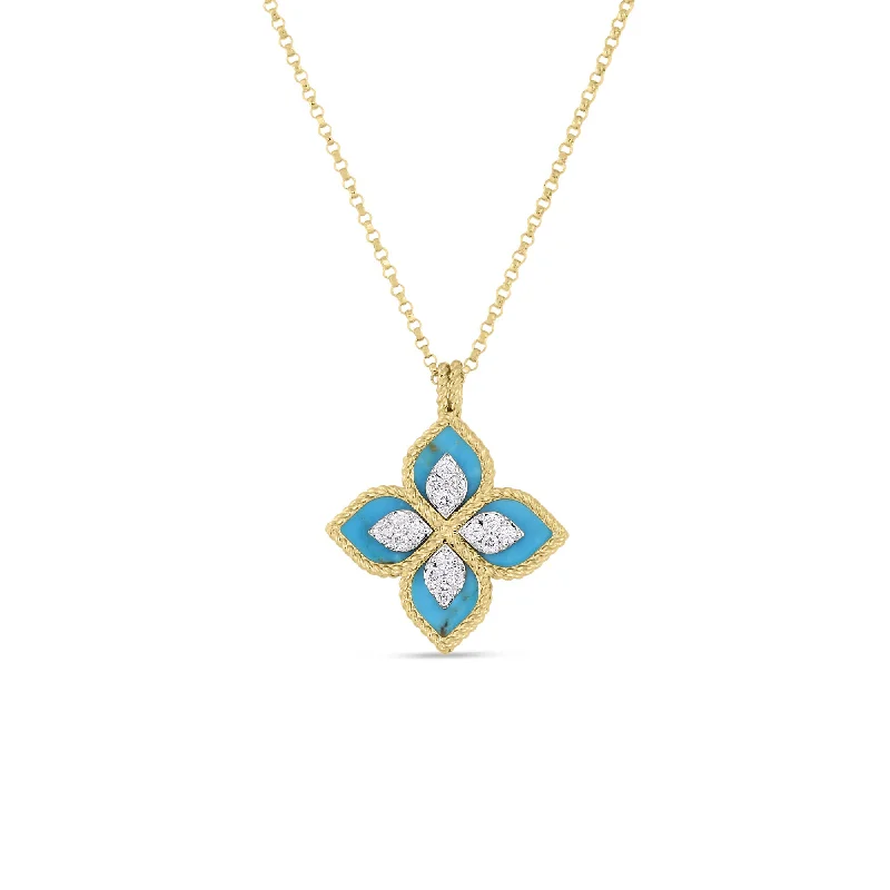 Women’s statement gemstone necklaces-Venetian Princess Diamond and Stabilized Turquoise Pendant in 18K Yellow Gold, 18in