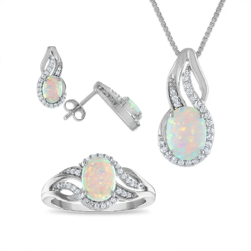 Women’s ear jackets-Opal and White Sapphire Halo Ring Pendant Earrings Set In Sterling Silver