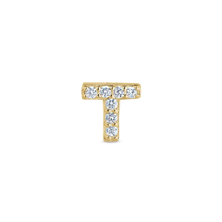 Women’s heart-shaped engagement rings-Gold Finish Sterling Silver Micropave T Initial Charm with Simulated Diamonds