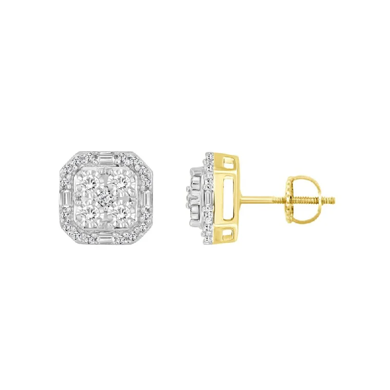 Women’s oval stud earrings-LADIES EARRINGS 0.25CT ROUND/BAGUETTE DIAMOND 10K YELLOW GOLD