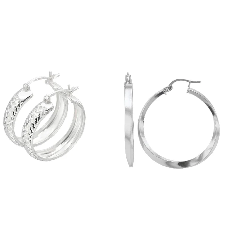 Women’s luxury diamond earrings-Sterling Silver 3X30MM and 6X25MM 2-Pair Hoop Earrings Set