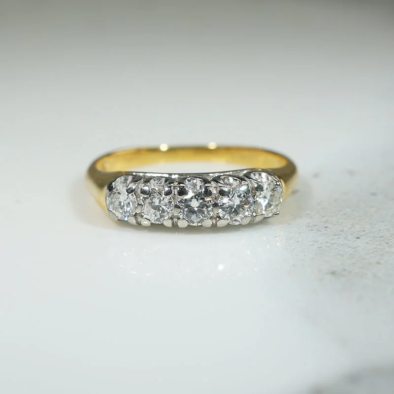 Women’s vintage engagement rings-Five Diamond Two-Tone Gold Retro Band