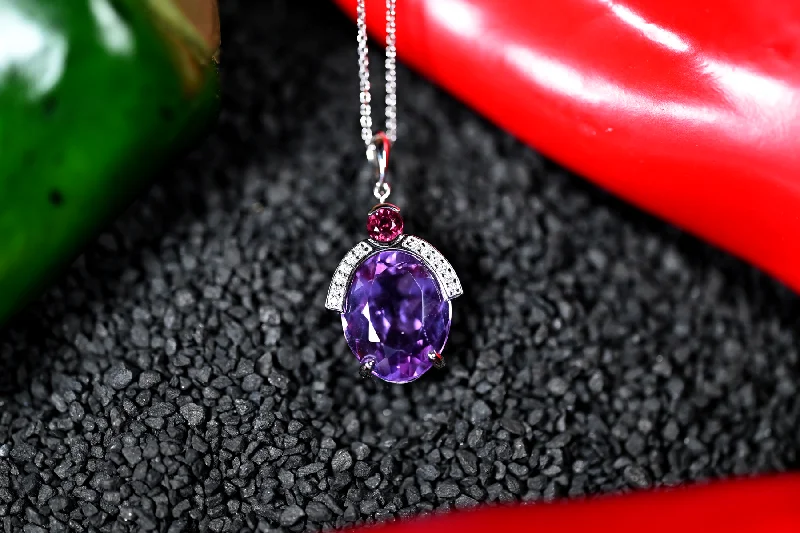 Women’s large pendant necklaces-6.22CT AMETHYST, TOURMALINE AND DIAMOND PENDANT