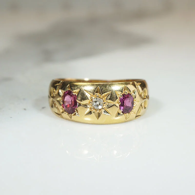 Women’s rose gold diamond solitaire engagement rings-Starry Gold Band with Old Mine Cut Diamond & Rubies