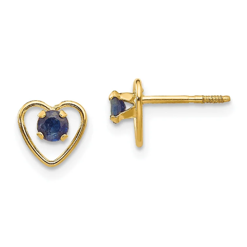 Women’s colorful stud earrings-14KT Yellow Gold 3MM Round Sapphire 6MM Heart Childrens Birthstone Earrings