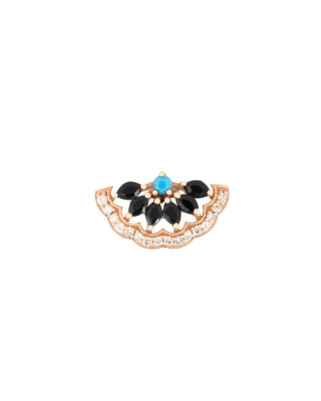 Women’s delicate earrings-Half Sun 18K Gold, Whitegold or Rosegold Earring w. Diamonds, Onyx & Turquoize