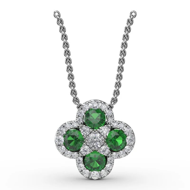 Women’s rose gold necklaces-Flower Emerald and Diamond Pendant P1643E