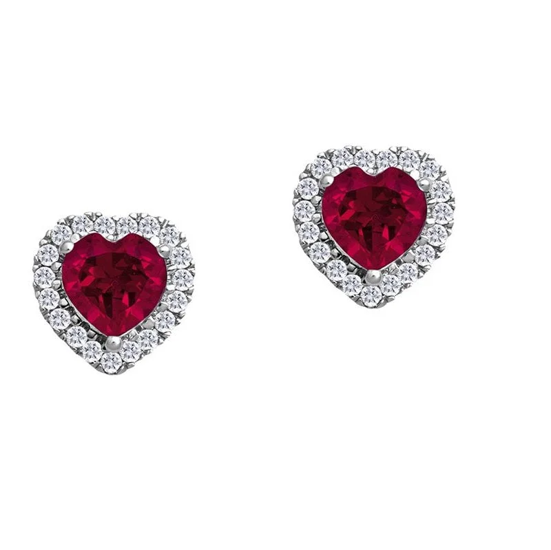 Women’s dangle earrings-5MM Heart Shape Ruby and White Sapphire Birthstone Halo Stud Earrings in 10KT White Gold