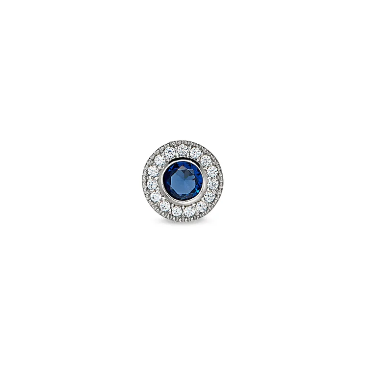 Women’s engagement rings with accent sapphires-Platinum Finish Sterling Silver Micropave Round Simulated Sapphire Charm with Simulated Diamonds