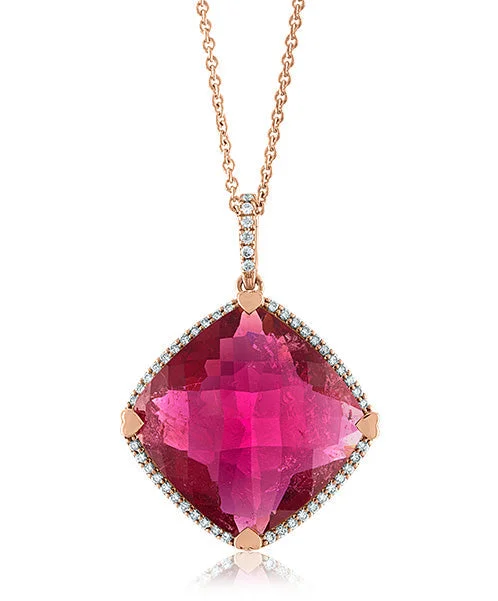 Women’s clasp necklaces-Rubellite Cushion Shaped Pendant with Diamonds 91