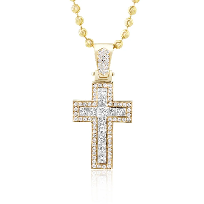 Women’s chain and pendant necklaces-14k Yellow Gold 3.2ct Princess Cut Diamond Cross Pendant