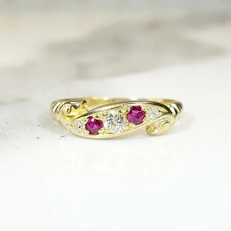 Women’s modern solitaire engagement rings-Jaunty Diamond & Ruby 18ct English Band