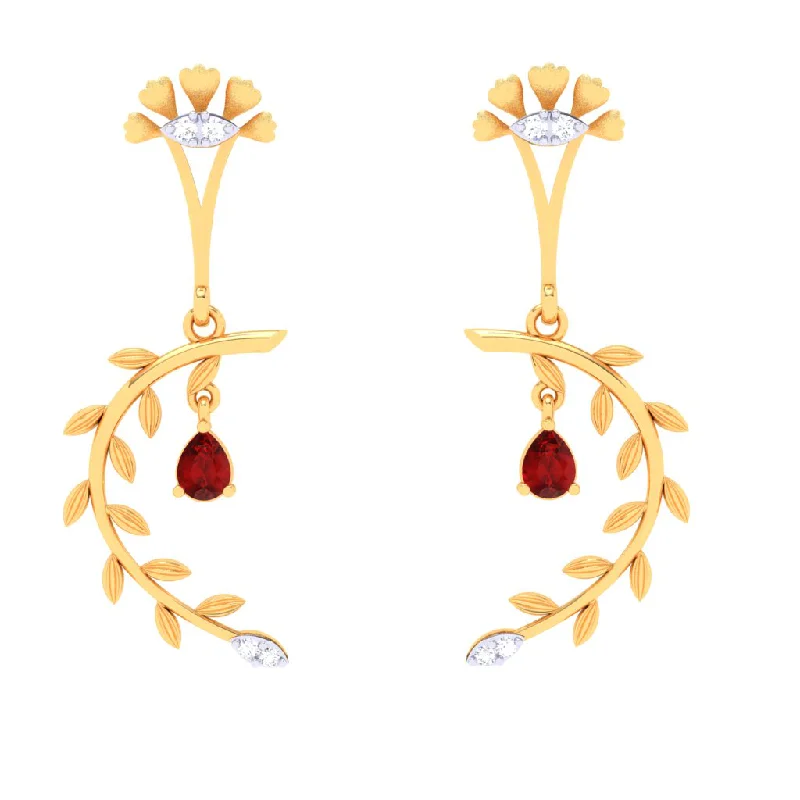 Women’s floral drop earrings-18k Leafy Design Diamond Earring With A Unique Flower Shape\
detail & A Red Stone From Diamond Collection