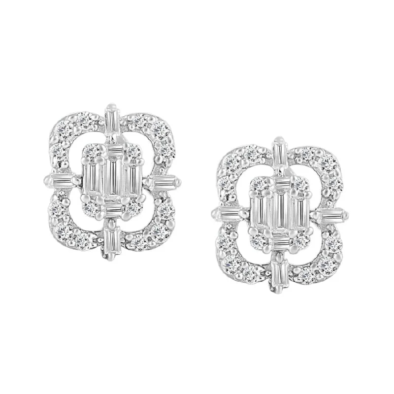 Women’s oversized earrings-LADIES EARRINGS 0.25CT ROUND/BAGUETTE DIAMOND 14K WHITE GOLD (SI QUALITY)