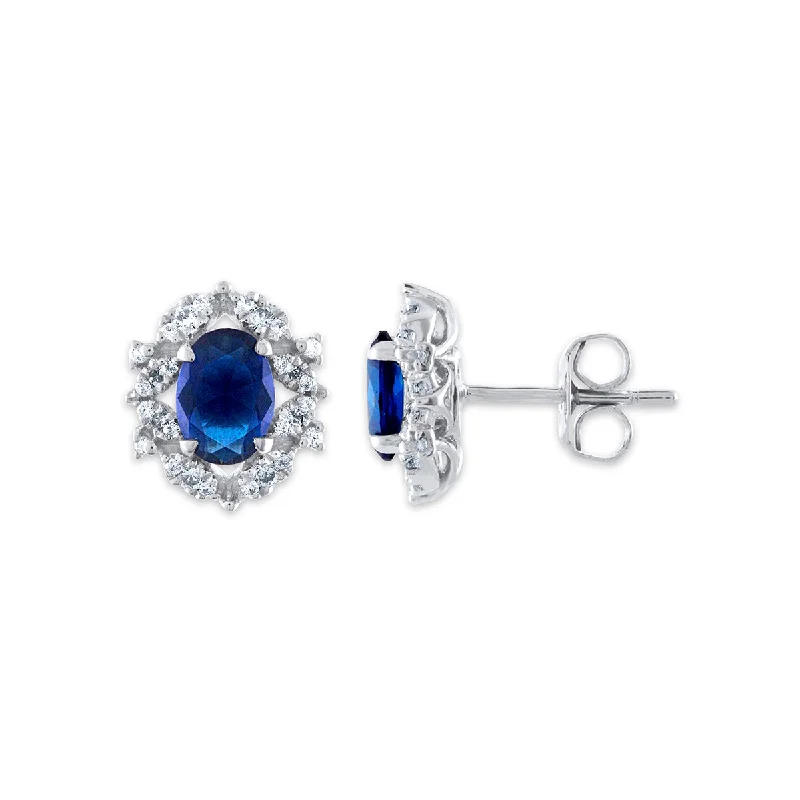 Women’s diamond hoop earrings-7X5MM Oval Sapphire and Diamond Stud Earrings in 10KT White Gold