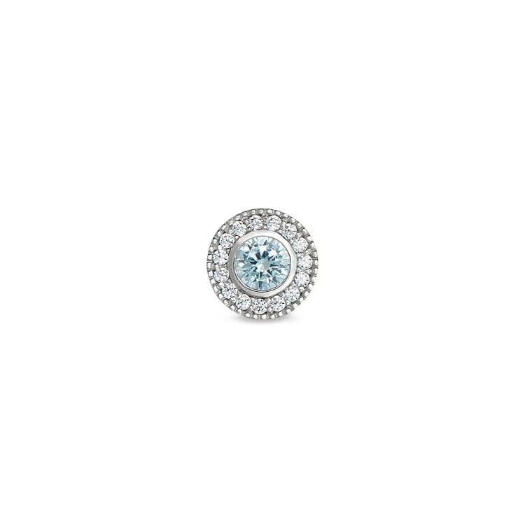 Women’s vintage diamond engagement rings-Platinum Finish Sterling Silver Micropave Round Simulated Aquamarine Charm with Simulated Diamonds for BL2300B