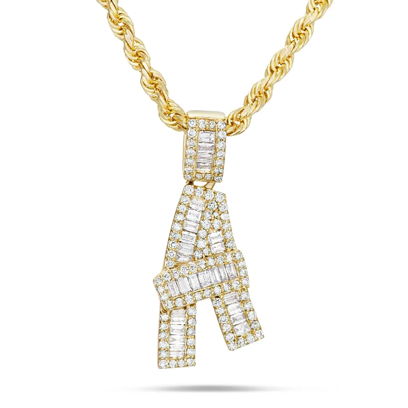 Women’s floral necklaces-10K Gold 1.20ct Baguette Diamond Initial Pendant