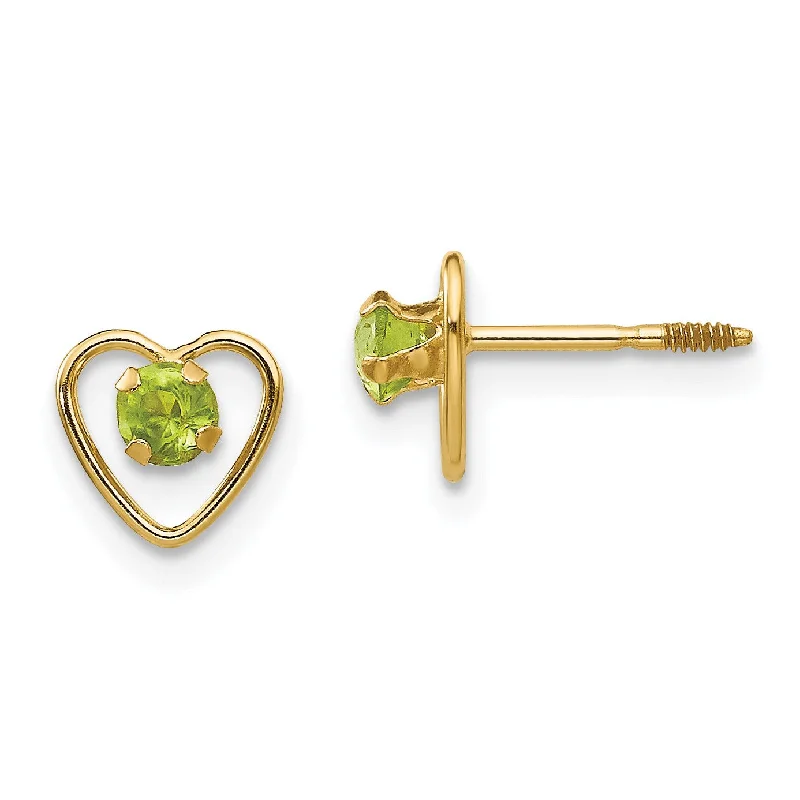 Women’s rose gold drop earrings-14KT Yellow Gold 3MM Round Peridot 6MM Heart Childrens Birthstone Stud Earrings