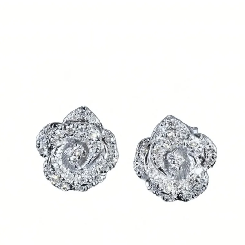 Women’s two-tone engagement rings-18K White Gold Diamond Rose Bloom Studs