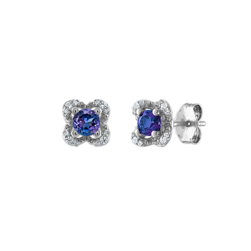 Women’s sparkly earrings-4MM Round Alexandrite and White Sapphire Birthstone Flower Halo Earrings in Sterling Silver