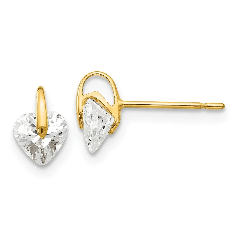 Women’s luxury earrings-14KT Yellow Gold Cubic Zirconia 7X5MM Childrens Heart Stud Earrings