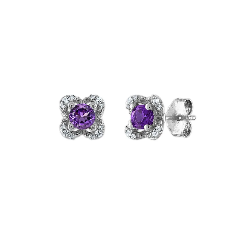 Women’s delicate earrings-4MM Round Amethyst and White Sapphire Birthstone Flower Halo Earrings in Sterling Silver