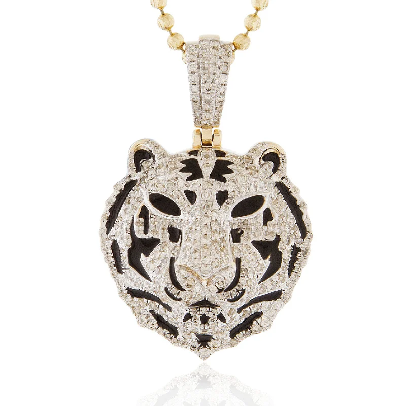 Women’s woven necklaces-10k Yellow Gold 1.50ct Diamond Tiger Head Pendant