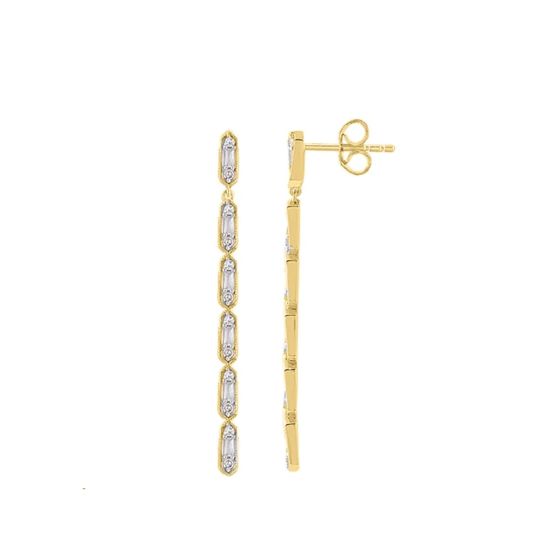 Women’s statement earrings-LADIES  EARRINGS 0.33CT ROUND/BAGUETTE DIAMOND 14K YELLOW GOLD (SI QUALITY)