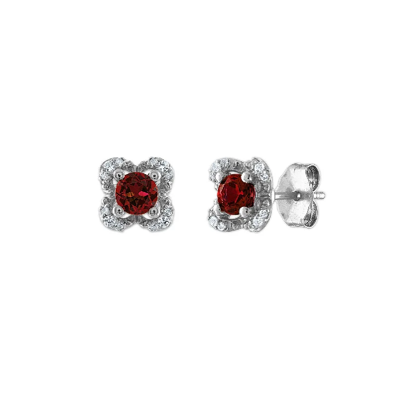 Women’s boho earrings-4MM Round Garnet and White Sapphire Birthstone Flower Halo Earrings in Sterling Silver