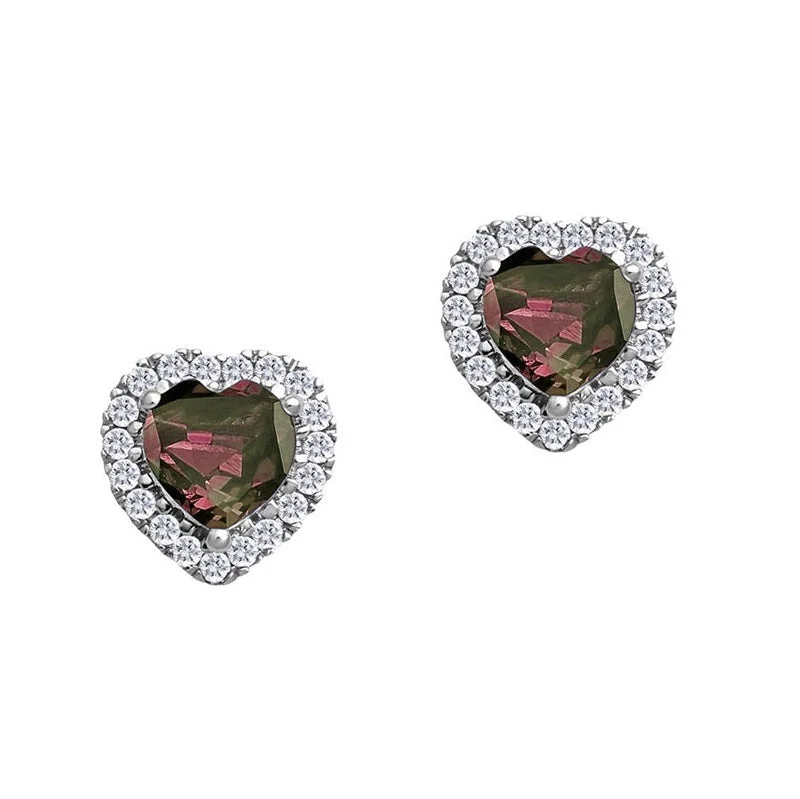 Women’s vintage gold earrings-5MM Heart Shape Alexandrite and White Sapphire Birthstone Halo Stud Earrings in 10KT White Gold