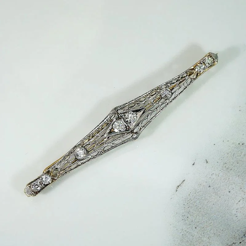 Women’s princess cut engagement rings-Old Euro Diamonds in Platinum & Gold Filigree Bar Pin