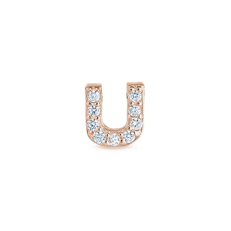 Women’s round halo engagement rings-Rose Gold Finish Sterling Silver Micropave U Initial Charm with Simulated Diamonds