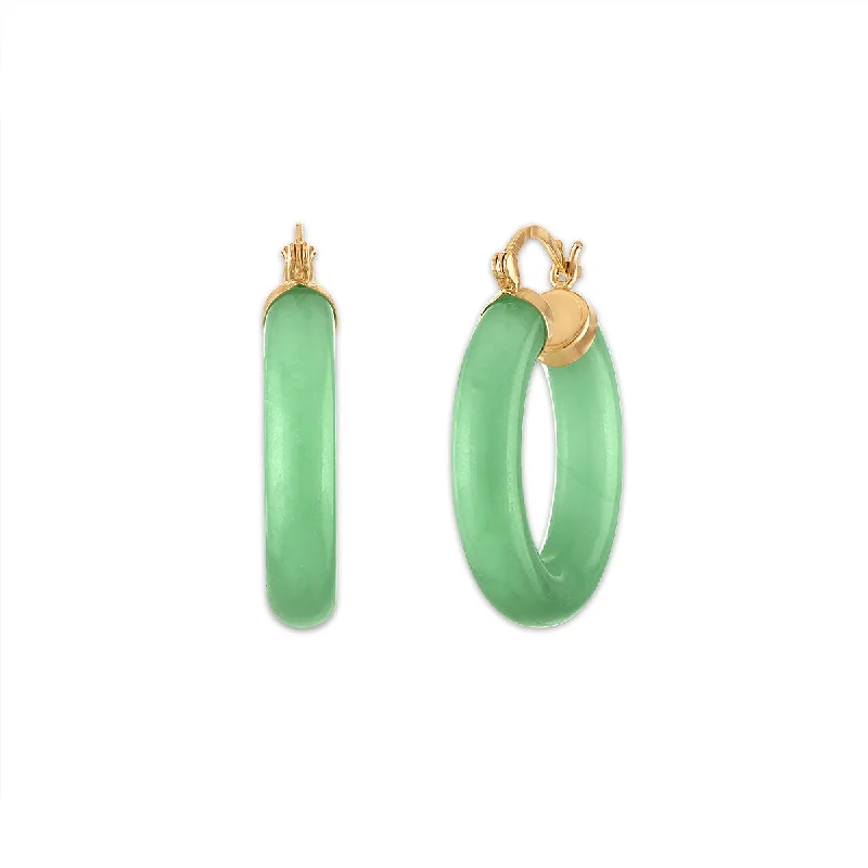 Women’s silver hoop earrings-Round Jade Hoop Earrings in 10KT Yellow Gold