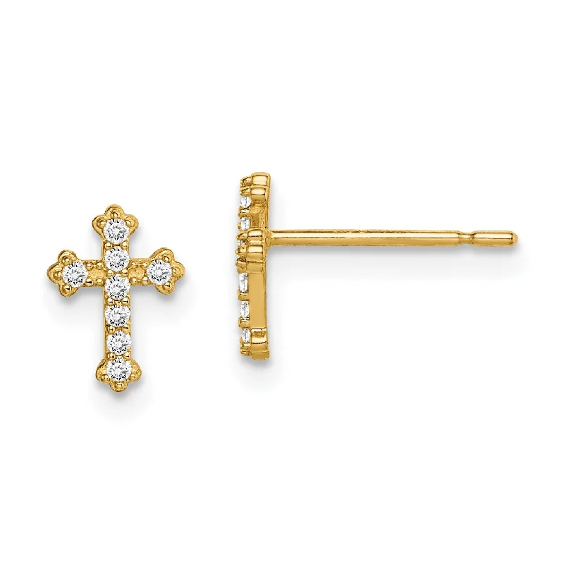 Women’s flower earrings-14KT Yellow Gold Cubic Zirconia Childrens Cross Stud Earrings