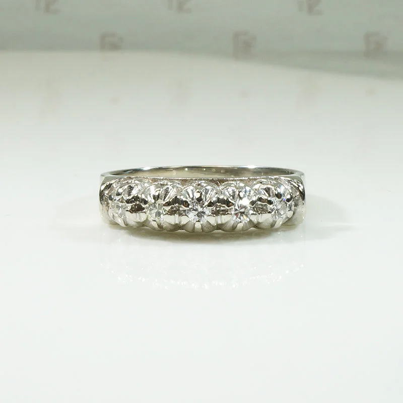 Women’s princess cut halo engagement rings-White Gold Filigree Five Diamond Band