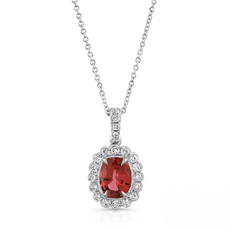 Women’s simple necklaces-Oval Ruby Pendant with Scallop-Style Diamond Halo