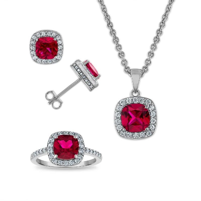 Women’s hoop earrings-Created Ruby and White Sapphire Ring Pendant Earrings Set in Sterling Silver