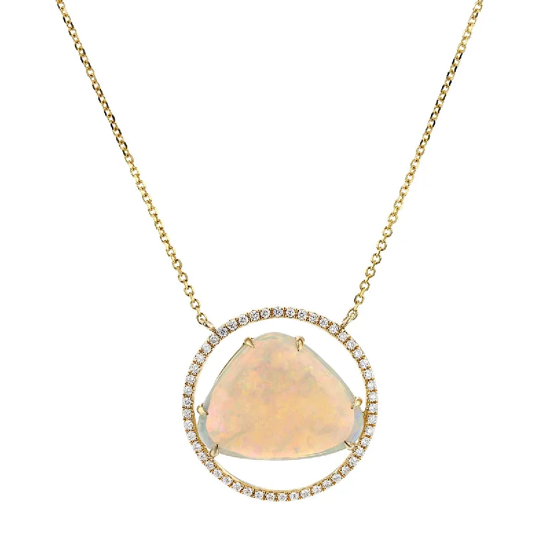 Women’s bohemian necklaces-White Australian Opal and Diamond Circle Pendant