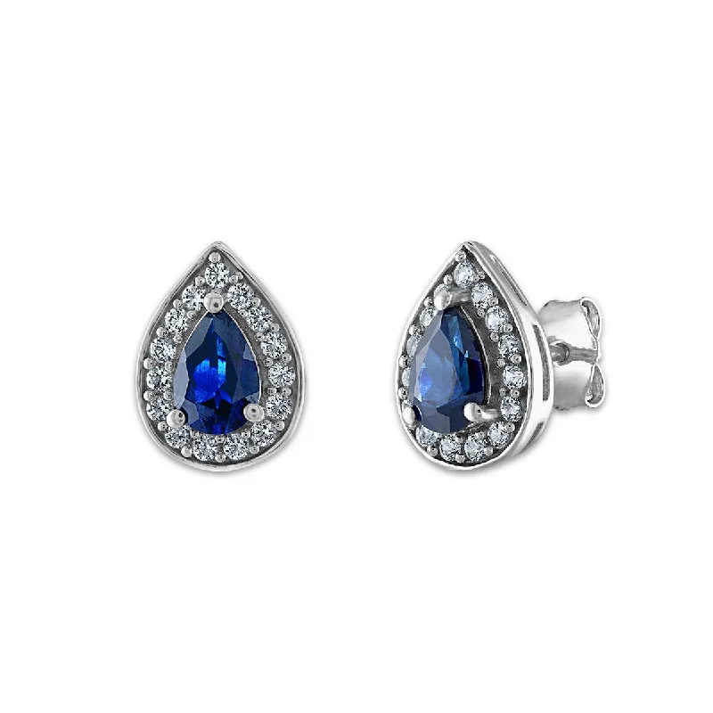 Women’s everyday earrings-6X4MM Pear Ceylon Sapphire and White Sapphire Halo Stud Earrings in Rhodium Plated Sterling Silver