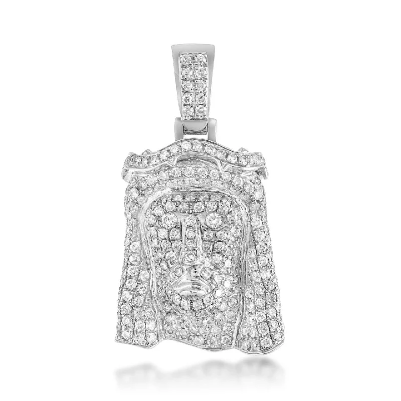 Women’s collar necklaces-10k White Gold 3ct Diamond Micro Jesus Head Pendant