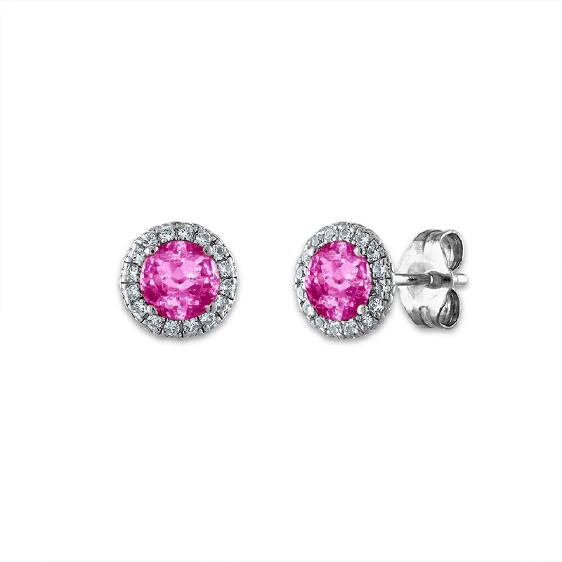 Women’s oval dangle earrings-5MM Round Pink Sapphire and White Sapphire Birthstone Stud Earrings in Sterling Silver